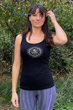 Womens Jivamukti Fitted Tank - Black with Cool Gray and Gold logo